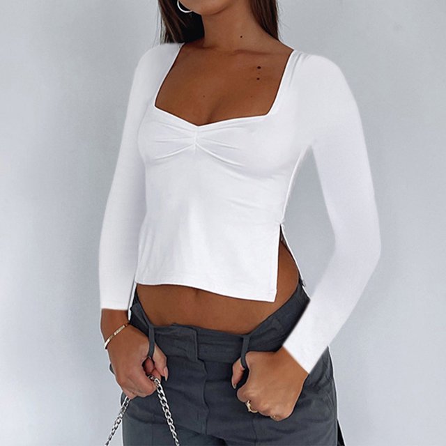 Top ajustado para mujer Color sólido cuello cuadrado Top básico liso traje de calle sencillo