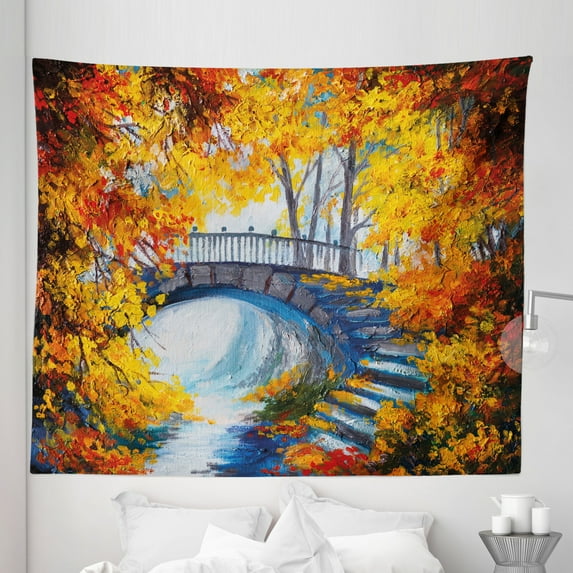 Art Tapestry, Autumn Forest with a Bridge over Road Dramatic Season Shady Leaves Print, Fabric Wall Hanging Decor for Bedroom Living Room Dorm, 5 Sizes, Marigold Vermilion Blue, by Ambesonne
