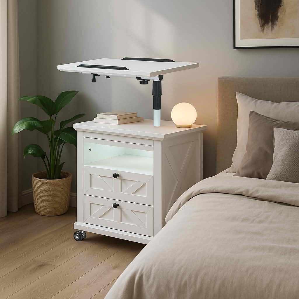 MAYEERTY White Nightstand with Lockable Wheels, Multiple Storage Drawers USB Port for Living Room