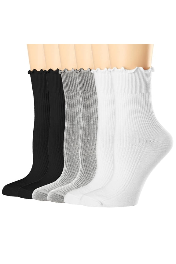 Wancir Women's Ruffle Socks,Casual Cute Ankle Socks Breathable Knit Cotton Soft Frilly Crew Socks for Women 6 Pack