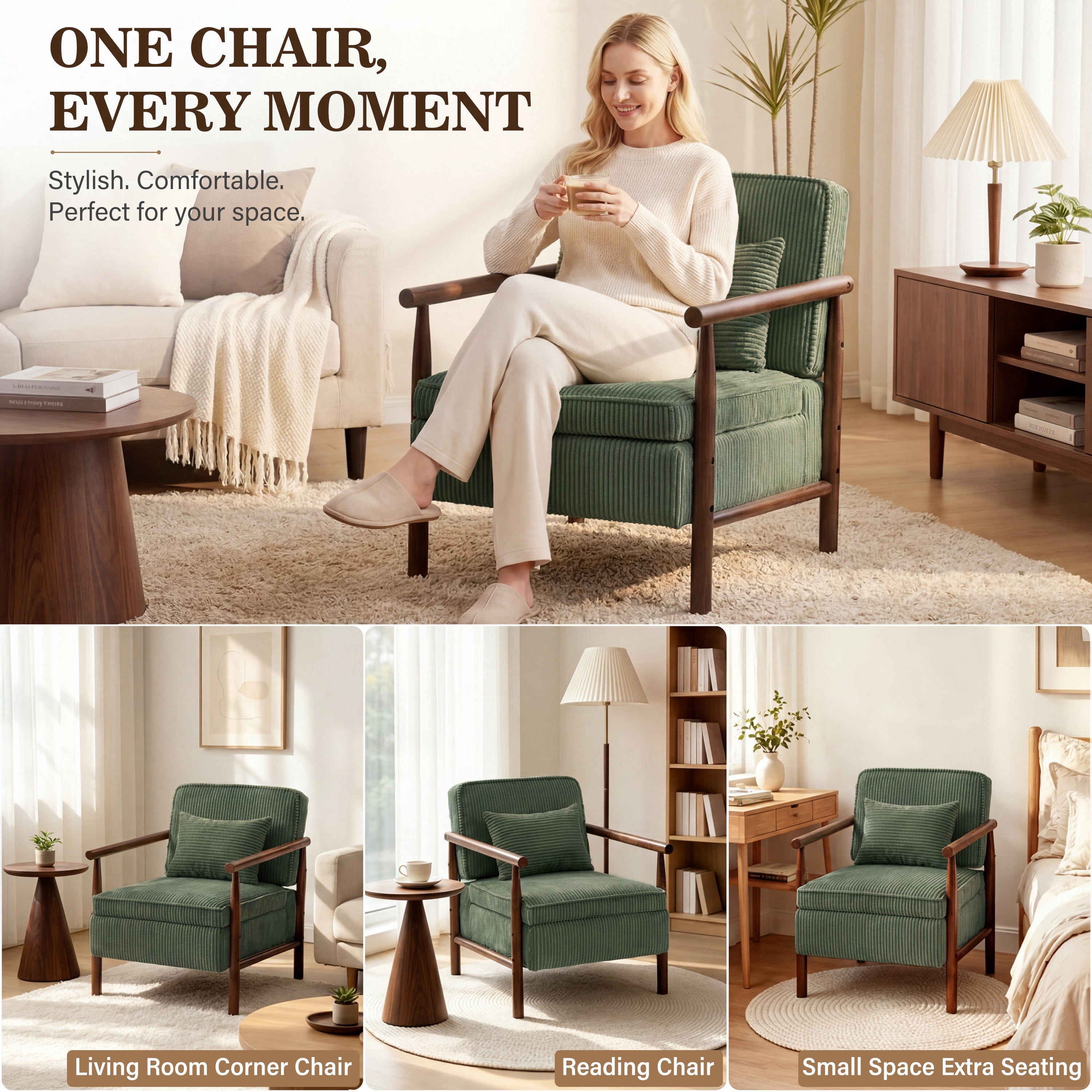 Accent Chair with Hidden Storage, LEGAHOME Antique Green Modern Arm Chair for Living Room, Comfy Corduroy Reading Armchair for Bedroom, with Solid Wood Leg for 250lbs Weight Capacity