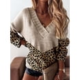 thumbnail image 4 of Womens Striped Sweater Casual Leopard Long Sleeve V Neck Chunky Knit Drop Shoulder Pullover Jumper Tops Leopard Print M, 4 of 7