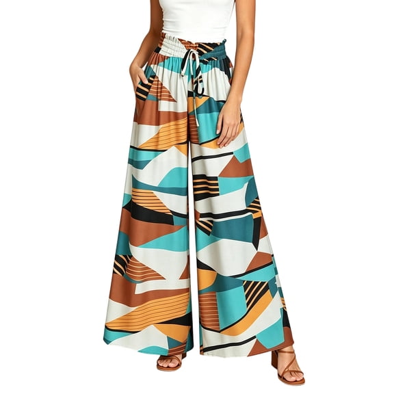 Levmjia Women's Pants High Waisted Wide Leg Pants with Geometric Print Casual Loose Fit Trousers for Women Summer Beach Vacation Daily Wear