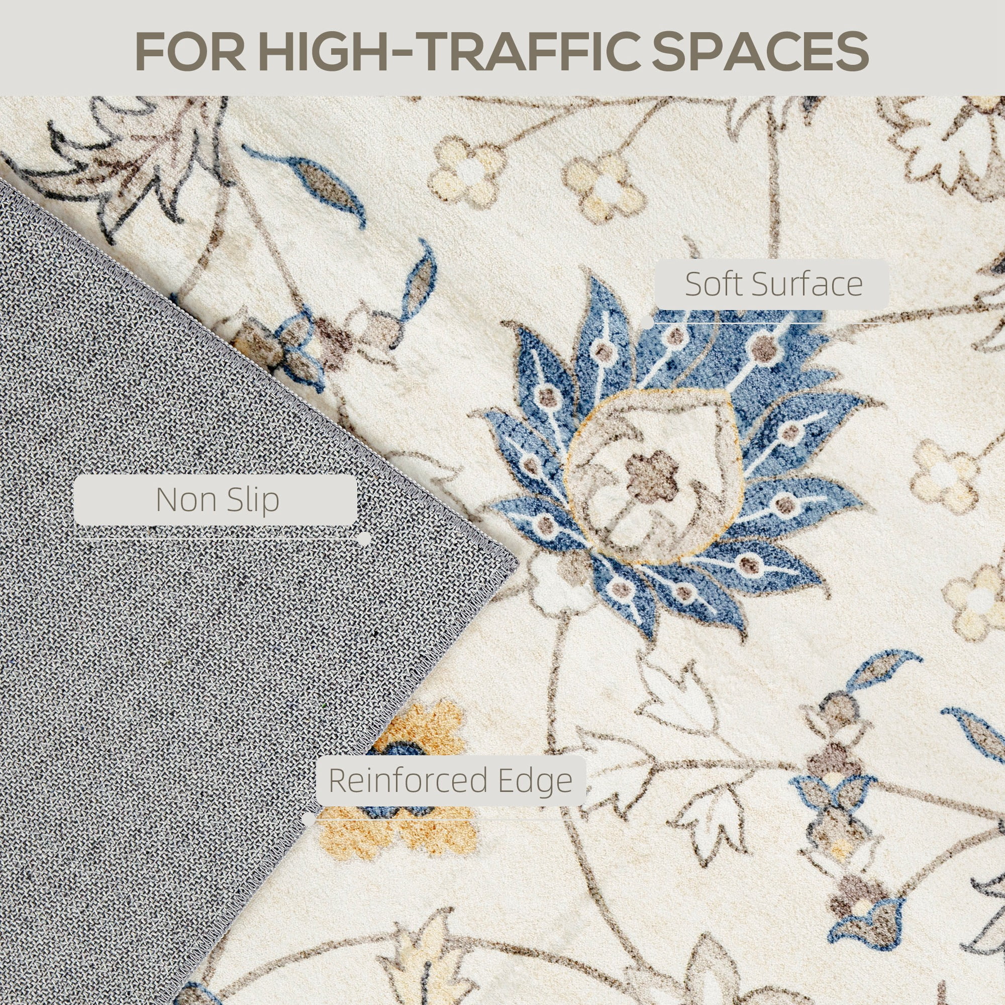 HOMCOM Machine Washable Area Rug 5x7, Non-Slip Boho Floral Print Floor Carpet for Living Room, Bedroom, Dining Room, Blue