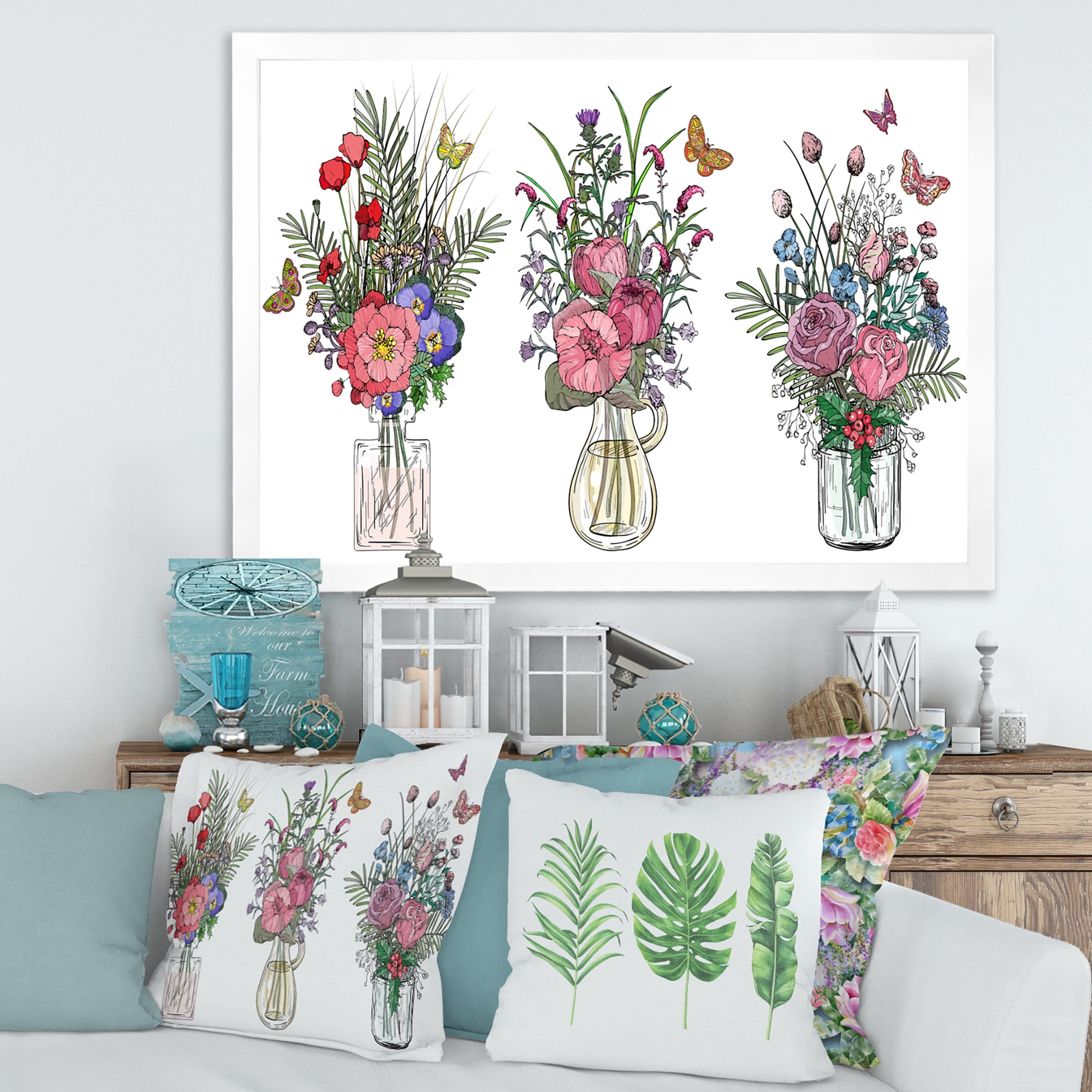 Designart 'Transparent Vases With Bouquets of Wildflowers II' Farmhouse Framed Art Print