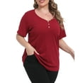 thumbnail image 6 of Gocolloa Womens Plus Size Button Up V Neck Tops Short Sleeve Ribbed T Shirts Summer Loose Dressy Tunic Wine Red 1X, 6 of 7