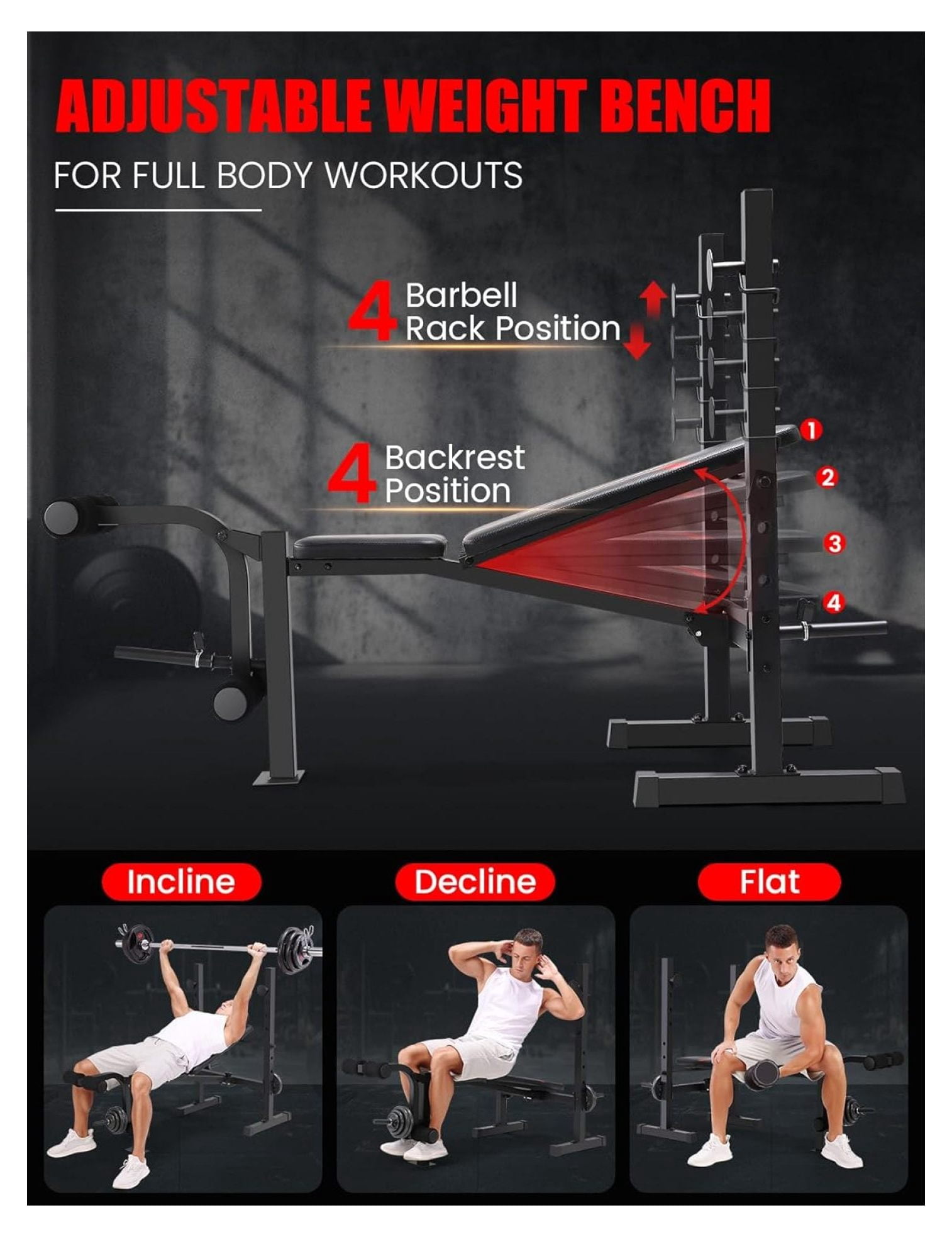 Adjustable Weight Bench with Squat Rack & Leg Extension - 600LBS Full Body Workout - Folding Home Gym Equipment