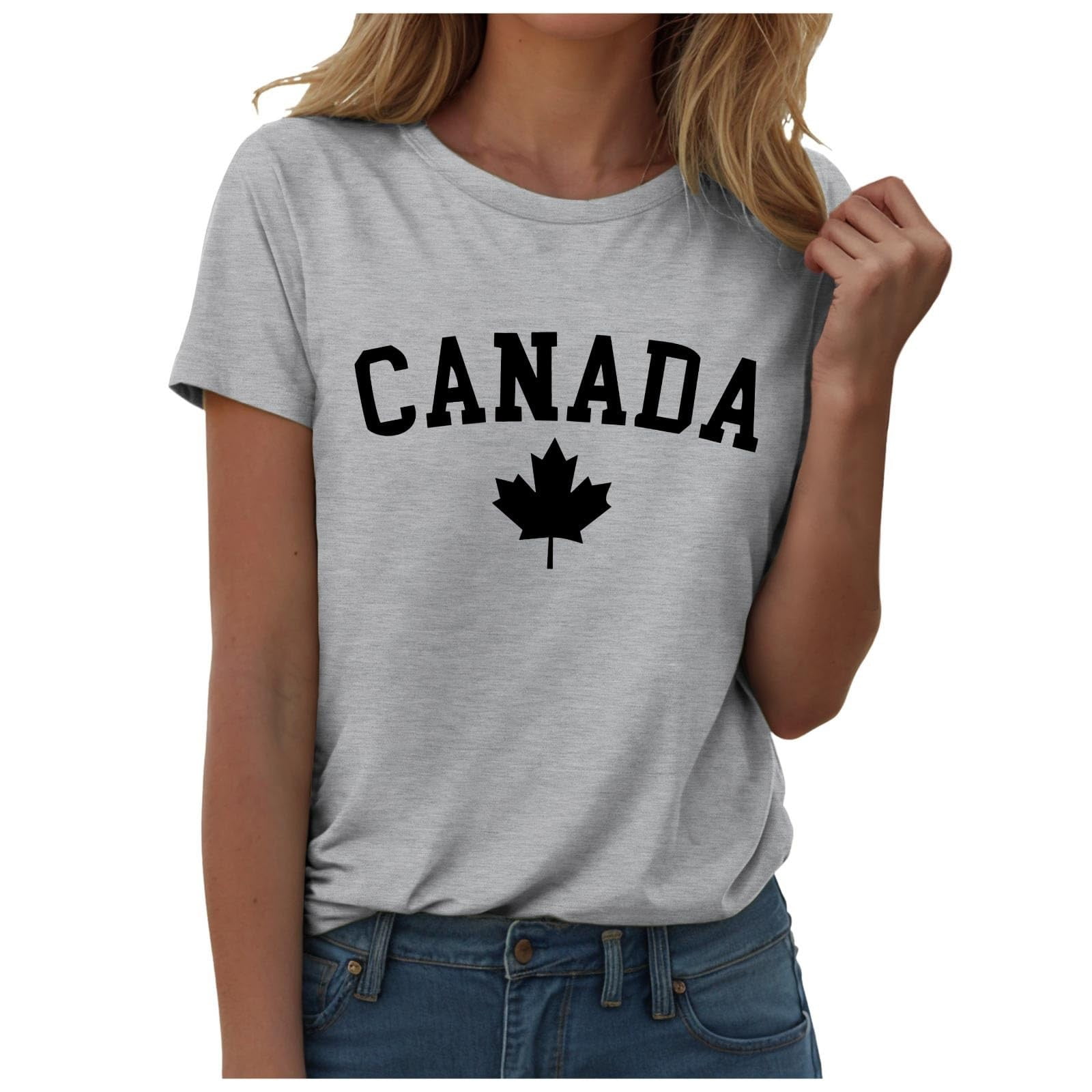 WEIYLL Womens T Shirts Canada Day Letter Maple Leaf Print Grey Tops Sizes M