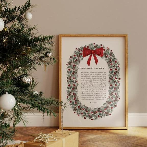 The Christmas Story Nativity Bible Verse Modern Holiday Wall Art Red Bow Seasonal Print Christian Vintage Scripture Artwork