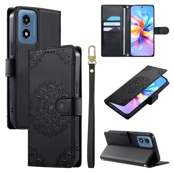 Leather Case For Motorola Moto G Play 2024 6.5",Embossed Totem Wallet With Card Holder,Wristband, Shockproof Kickstand Magnetic Cover,Black,For Moto G Play 2024