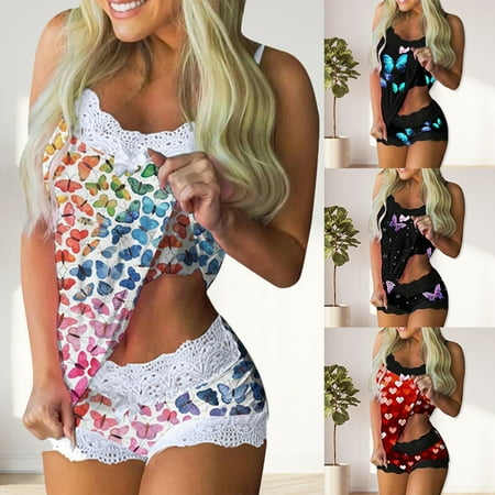 

Hopeup Pajama Set Butterfly Print Spaghetti Strap Women Bowknot Sleeveless Sleepwear for Sleeping