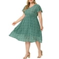 thumbnail image 4 of Unique Bargains Women's Plus Size Ditsy Floral V Neck Smocked Waist Midi Dress 1X Green, 4 of 6