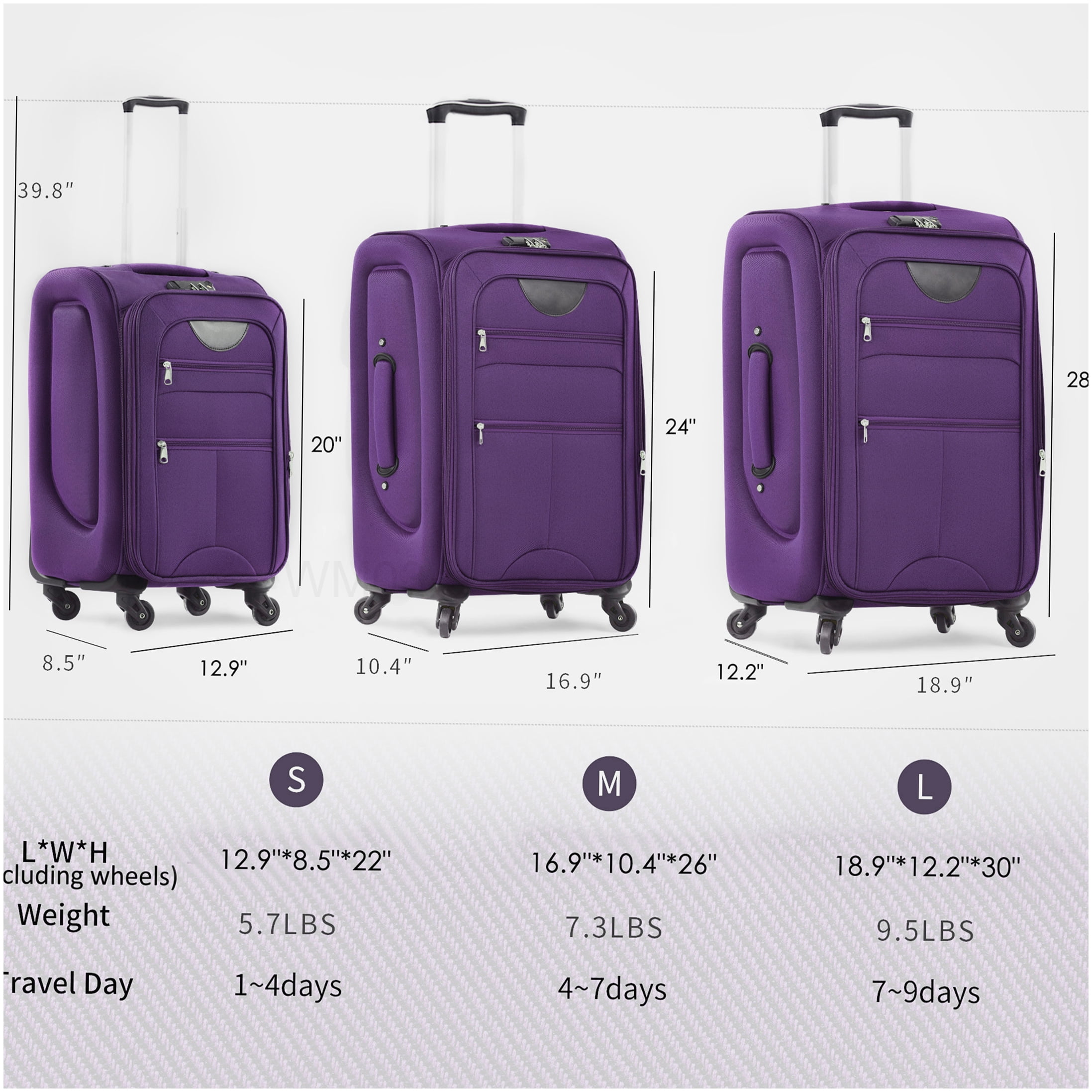 3-Piece Expandable Softside Luggage Set in Purple, Lightweight TSA Lock Spinner Suitcases