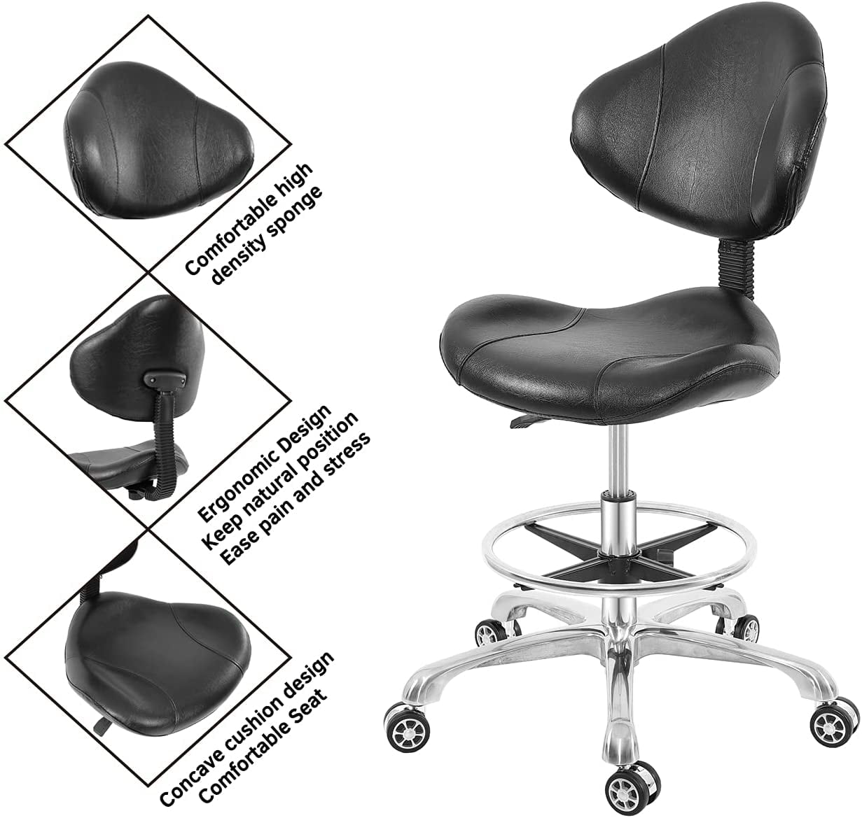 Kaleurrier Rolling Swivel Adjustable Heavy Duty Drafting Stool Chair for Salon,Medical,Office and Home uses,with Wheels and Back Black 