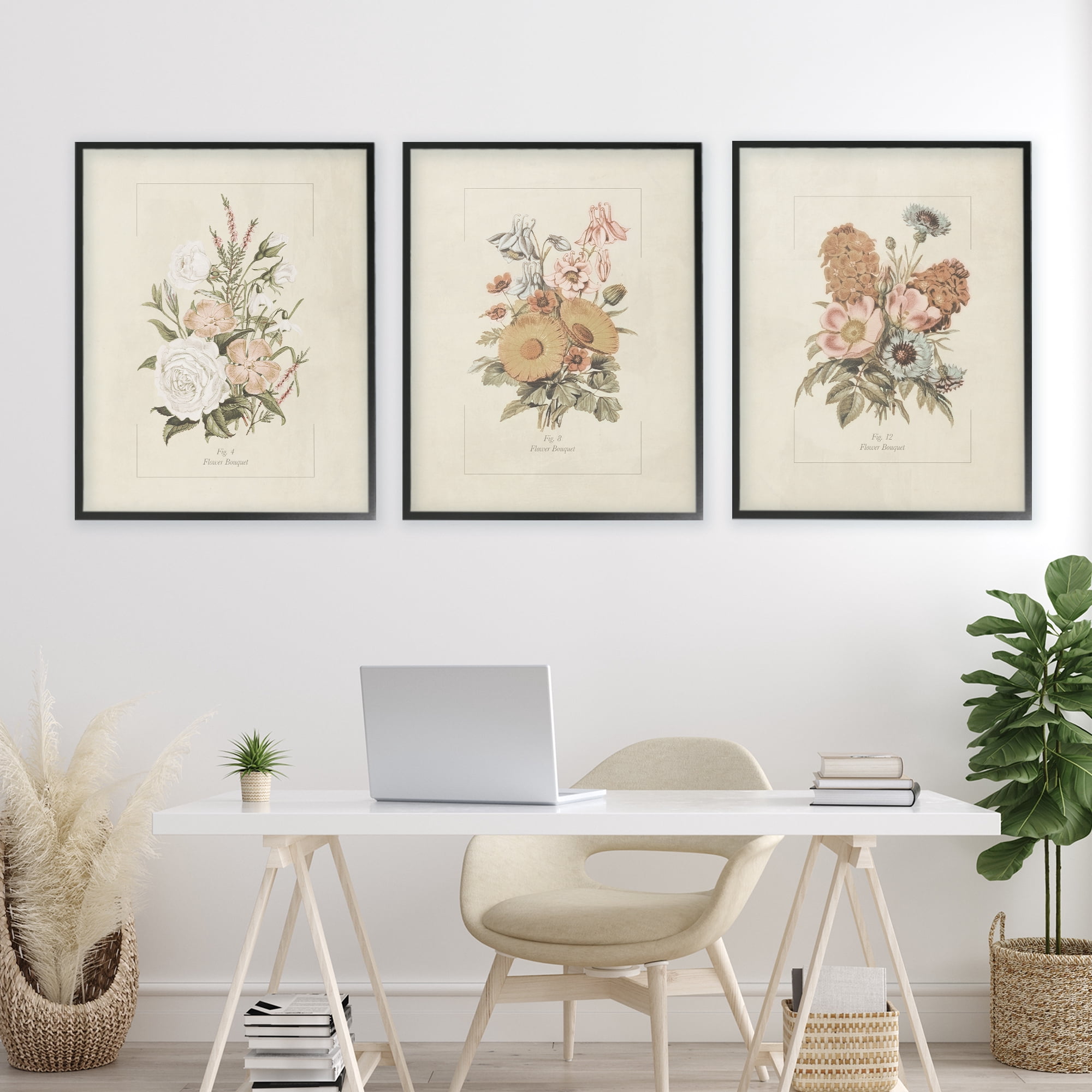 Stupell Industries Neutral Bouquet Studies 3 Piece Black Framed Giclee Art Set, design by Dan Meneely