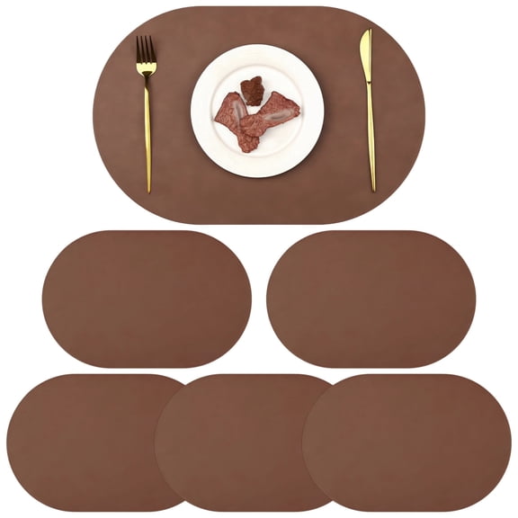 6 Pack Oval Reversible Leather Placemats - Waterproof & Heat Resistant Table Mats, Easy Clean Surface Protection, 17.7"x11.8" Brown Dining Table Decor