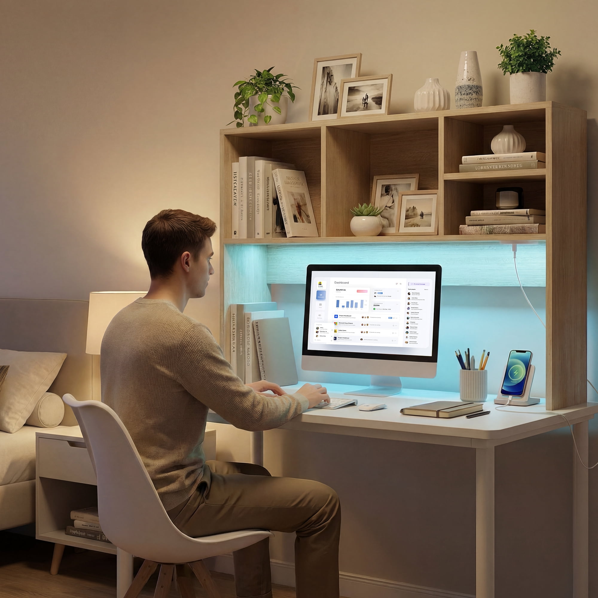 Desktop Bookshelf with Charging Station & LED Light, 3-Tier Display Wooden Rack Desk Organizer for Office,  Dorm, Living Room, Light Brown