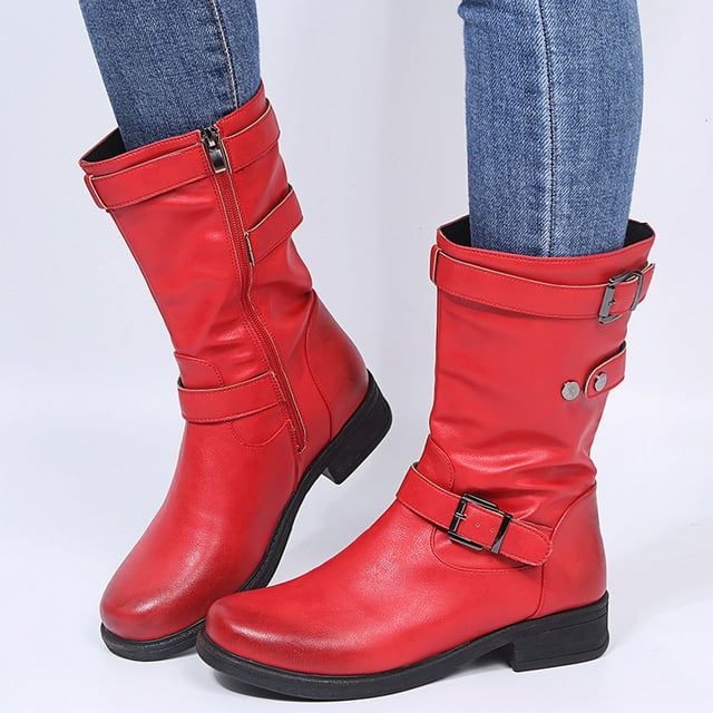 Bmisegm Bottes Rétro pour Femmes à Fermeture Éclair, Talon Carré, Couleur Unie, Tige Mi-Haute, Chaussures à Bout Rond, Rouge 9.5-10