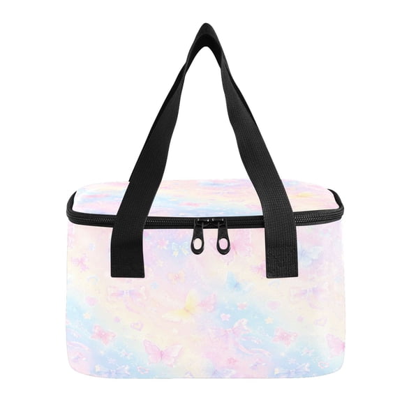 6L Insulated Lunch Bag Square Handheld Cooler Tote Dreamy Pink Blue Ribbon Print Reusable Thermal Bag with Polyester & Aluminum Lining for Work Picnic Travel