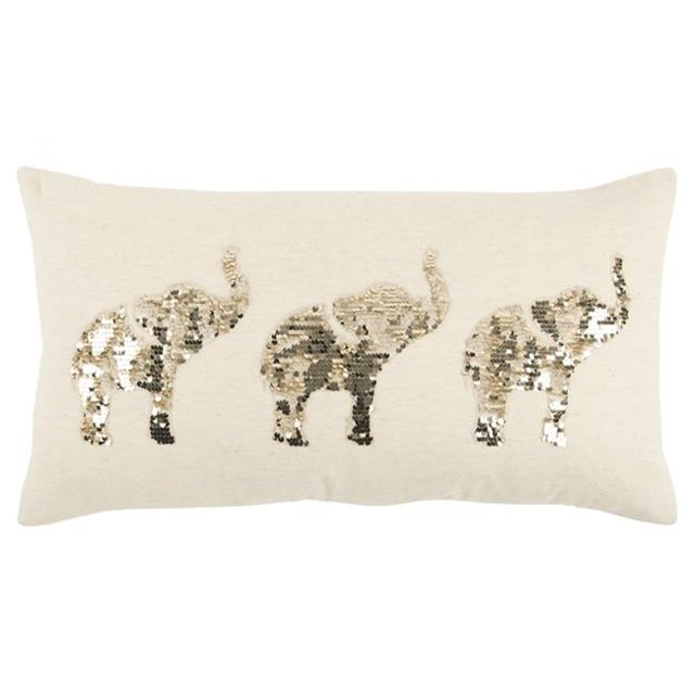 HomeRoots 403266 Natural & Gold Sequined Elephant Trio Lumbar Pillow