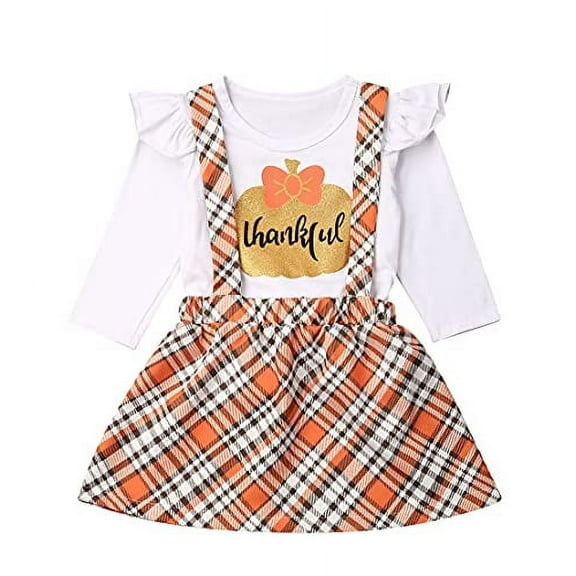 StylesILove Baby Toddler Girls Gold Pumpkin Thankful Long Sleeve Top with Plaid Suspender Skirt 2pcs Thanksgiving Holiday Outfit (3T)