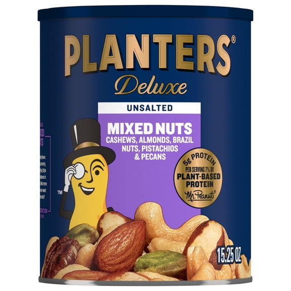PLANTERS Deluxe Unsalted Mixed Nuts, 5g (7% DV) Plant-Based Protein, 15.25 oz Can