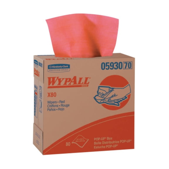 WypAll* X80 Wipers with HYDROKNIT, 9.1 x 16.8, Red, Pop-Up Box, 80/Box, 5 Box/Carton