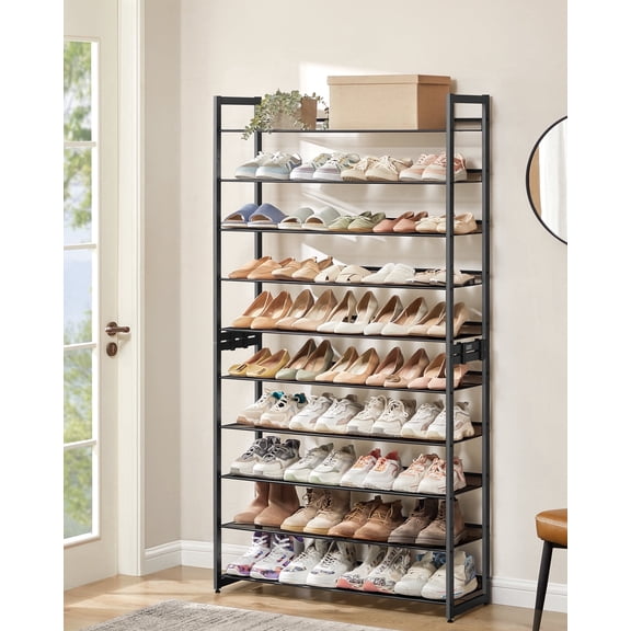 10-Tier Metal Shoe Rack, Stackable Shoe Shelf Organizer with Adjustable Flat/Angled Shelves, Holds 40-50 Pairs, Black