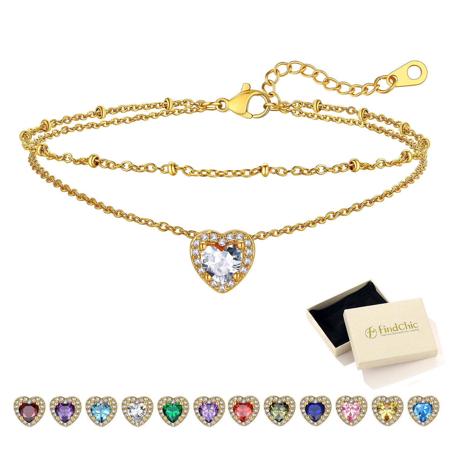 FindChic April Birthstone Anklets for Women 14K Gold Plated Layered Beaded Ankle Bracelets Stainless Steel Heart Foot Chain Summer Jewelry Birthday Graduation Gifts Her Mom Wife Adults Ideas