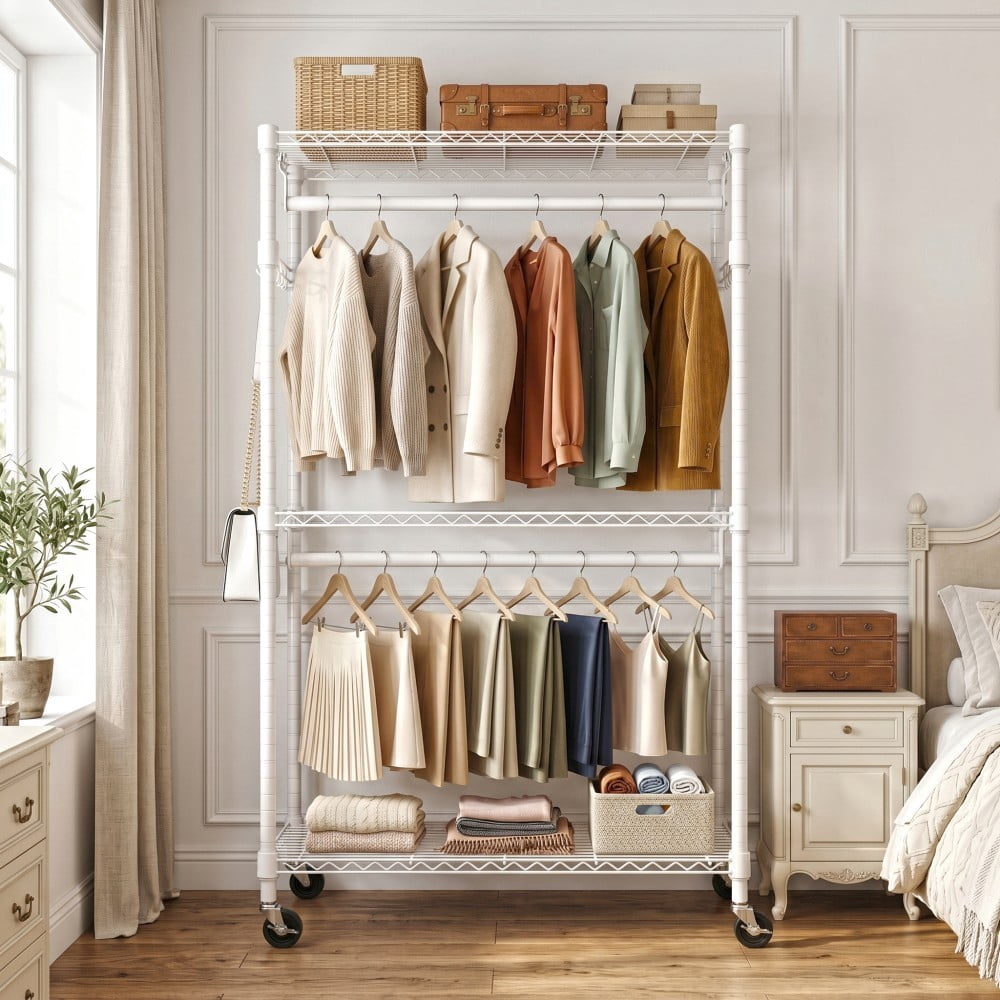 Heavy Duty Rolling Garment Rack, 3-Tier Adjustable Wire Shelving Clothes Rack with 2 Hanging Rods, Side Hooks & Lockable Wheels, White
