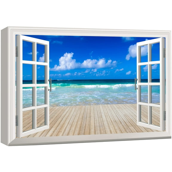 wall26 Canvas Print Wall Art Window View of Blue Sky Over Beach Pier Nature Wilderness Photography Realism Rustic Landscape Colorful Vibrant for Living Room, Bedroom, Office - 24"x36"