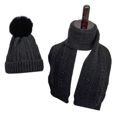 

Little Peanuts Knit Pompom Beanie Hat Scarf Set for Toddlers Black Unisex