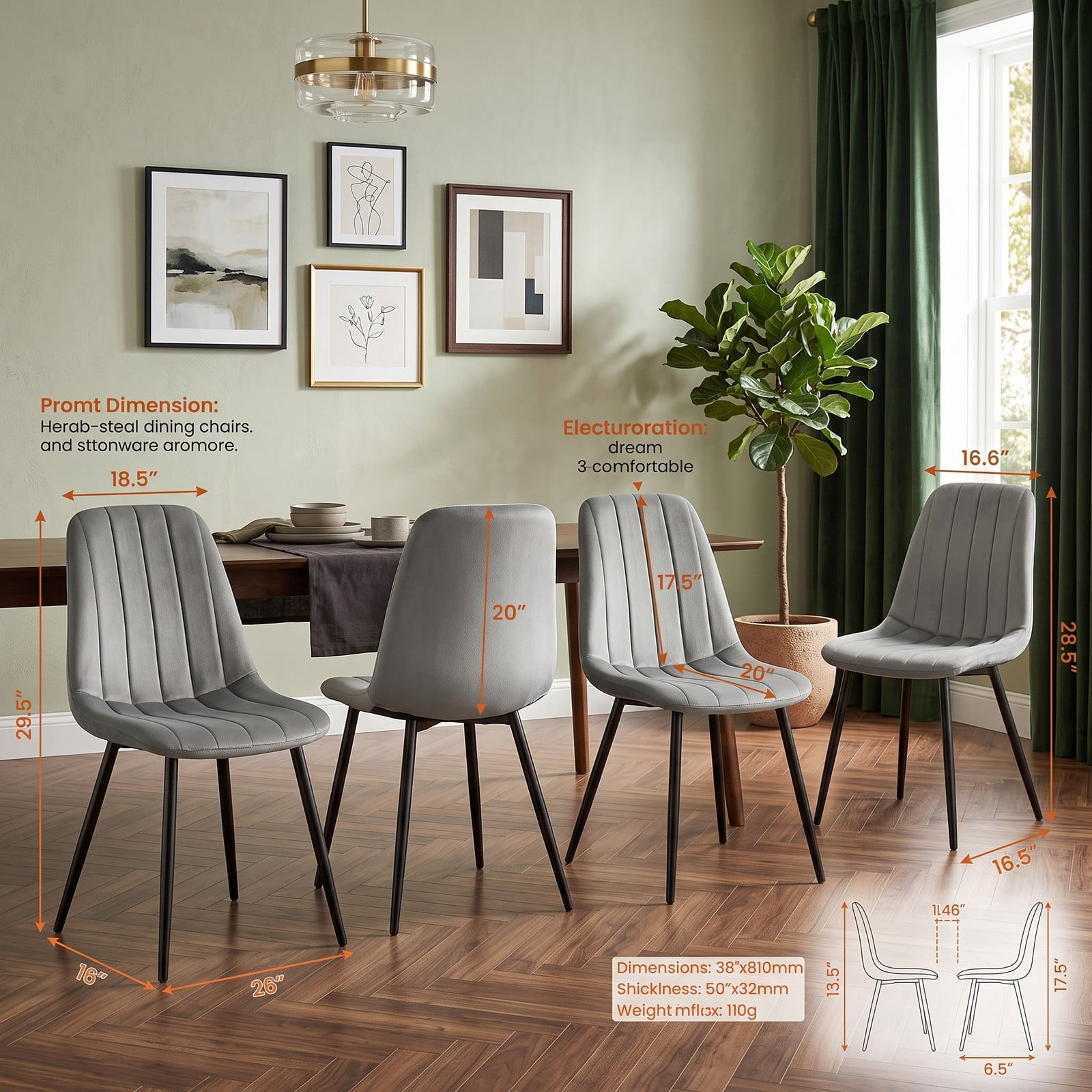 Furnibear Upholstered Fabric Dining Chairs Set of 4, Mid-Century Modern Kitchen Side Chairs with Curved Backrest, Padded Cushion Seat and Sturdy Metal Legs for, Gray