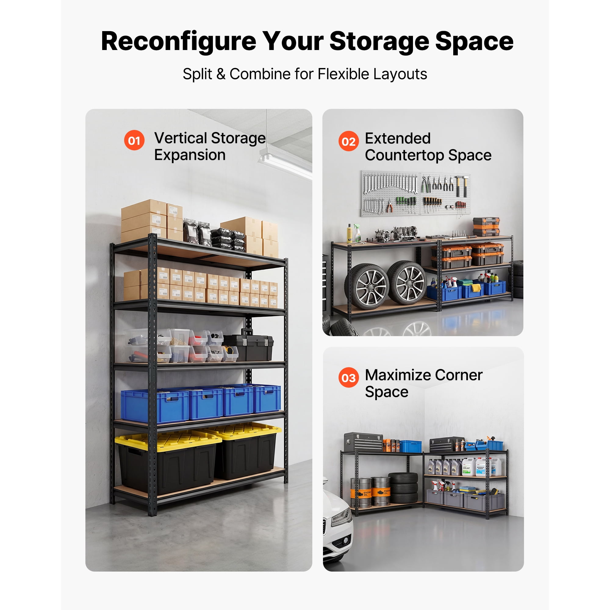 KFFKFF 5-Tier Adjustable Storage Shelves, 3000 lbs Capacity, Heavy-Duty Metal Utility Rack for Garage, Workshop, Warehouse, or Basement, 48.35" W x 24.37" D x 71.38" H