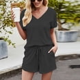 thumbnail image 2 of Pijamas de Mujer Cuello en V Manga Corta Lazos elásticos Cintura Suave Ropa de Dormir para Mujer Conjunto para Verano Gris Oscuro S, 2 of 7