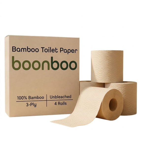 BOONBOO Toilet Paper | 100% Bamboo | Unbleached 4 Rolls | 3-Ply 180 Sheets | Sustainable & Renewable | Plastic-Free & Tree-Free