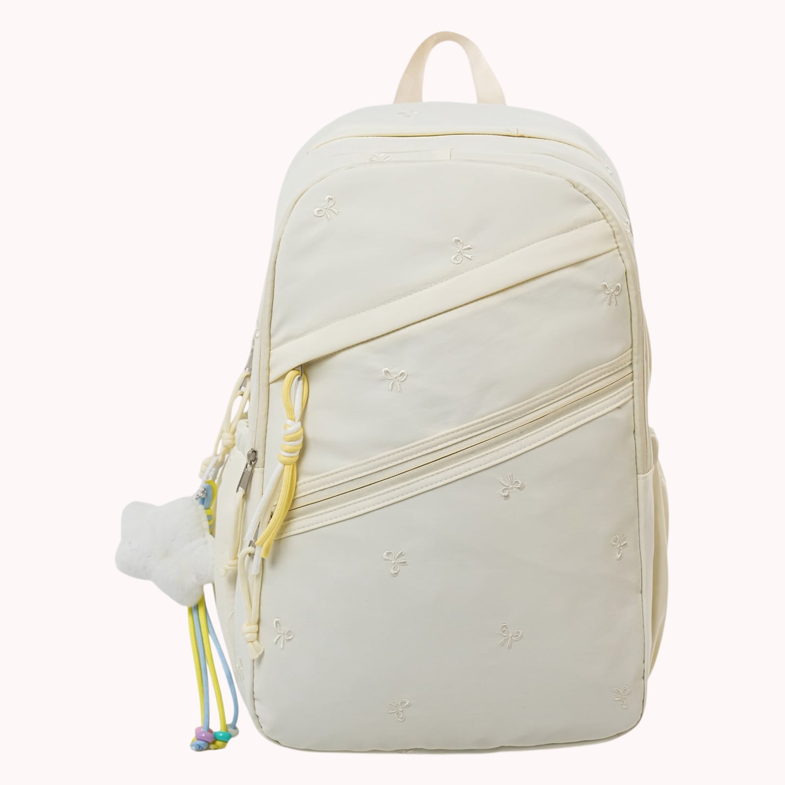HUISZJ Floral Print School Backpack, Large Capacity Schoolbag with Pendant, Nylon School Backpack for Travel Work Shopping, White