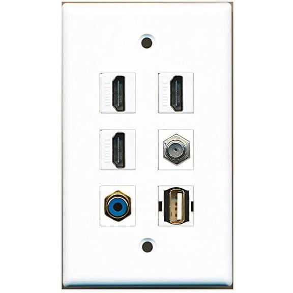 RiteAV - 3 HDMI 1 Port RCA Blue 1 Port Coax Cable TV- F-Type 1 Port USB A-A Wall Plate