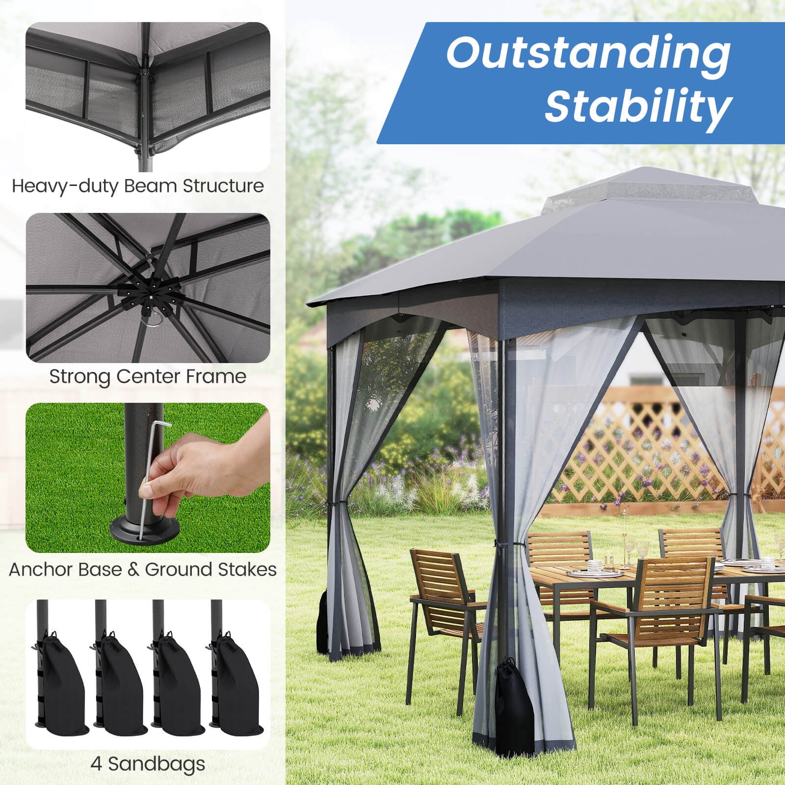 Costway 10x12 FT 2-Tier Patio Gazebo Canopy Netting Heavy-Duty Metal Easy-Setup Outdoor