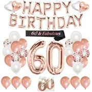 Finypa 60th Birthday Decorations for Women - 60th Happy Birthday Decoration Gold Rose with Sash, Number 60 Foil Balloon, Happy Birthday Banner, Happy 60th Birthday Cake Topper
