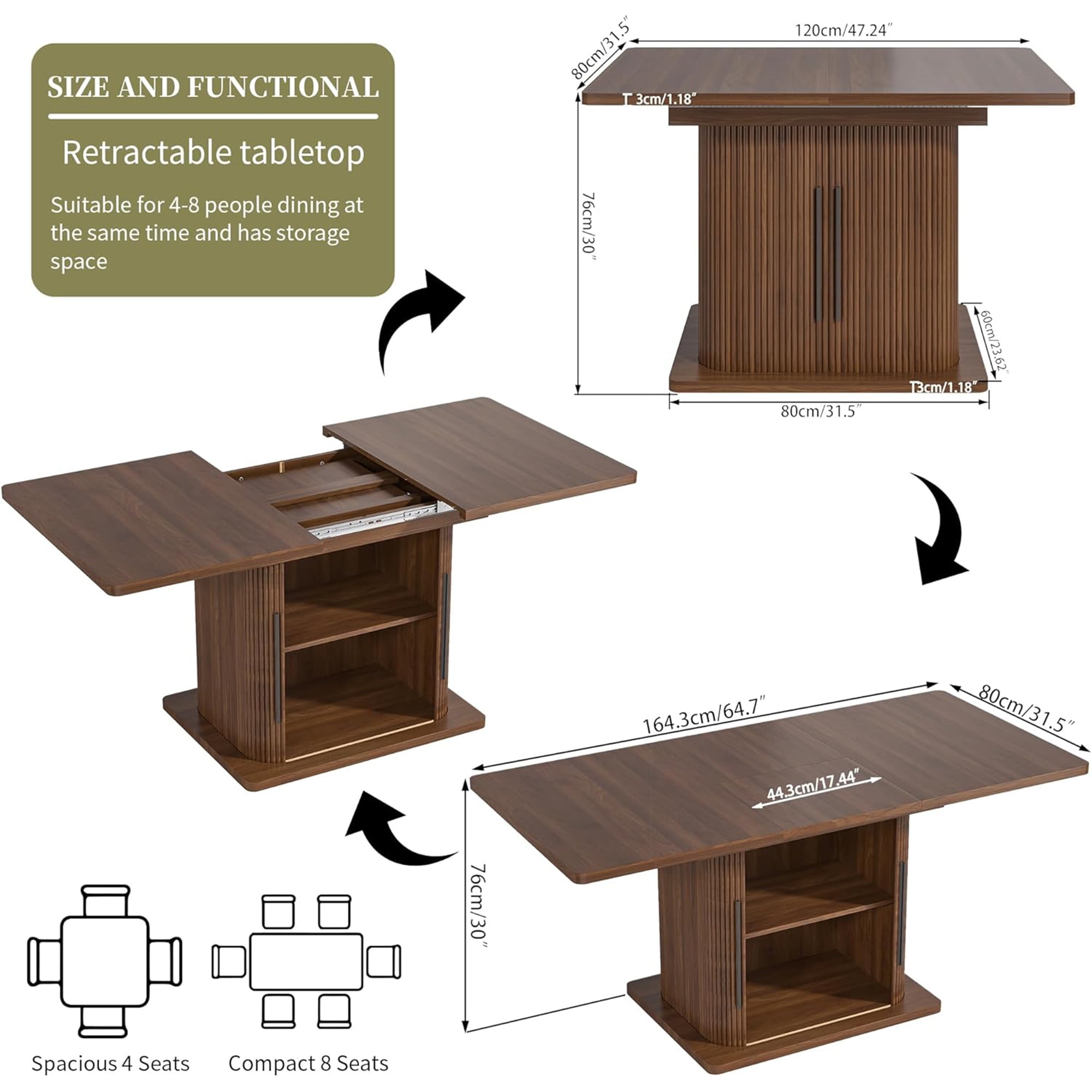 Extendable Dining Table, Rectangle Kitchen Table with Storage Shelf, Modern Dining Room Table, Living Room, Office, Walnut