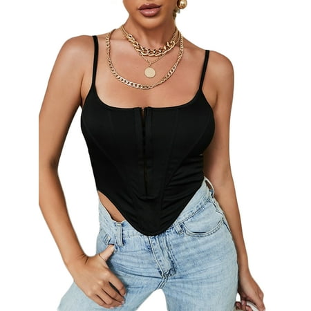 

Amuver Ladies Sexy U-neck Camisole Solid Color Fishbone Irregular Hem Front Buckle Sleeveless Backless Tops Slim Base Shirt