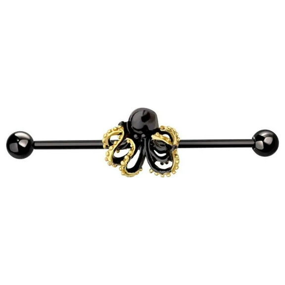 BodyJewelryOnline 14G Kraken Octopus Industrial Barbell Surgical Steel PVD Black Earrings Men Women