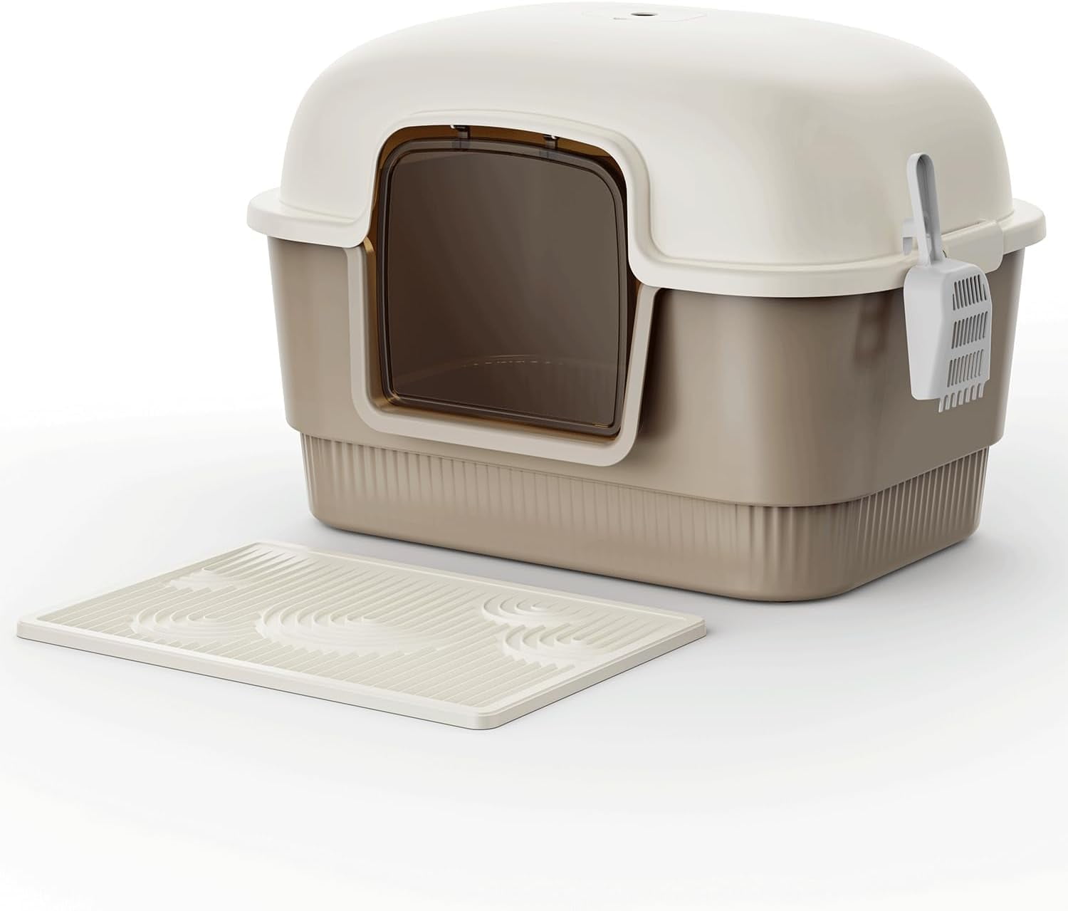 Litter Box with Litter Mat and Scoop,High Wall Enclosed  Litter Boxes for Anti-Leakage, Covered Kitty Litter Box with Handle and Buckles for Portability and , Odor Control (Brown)