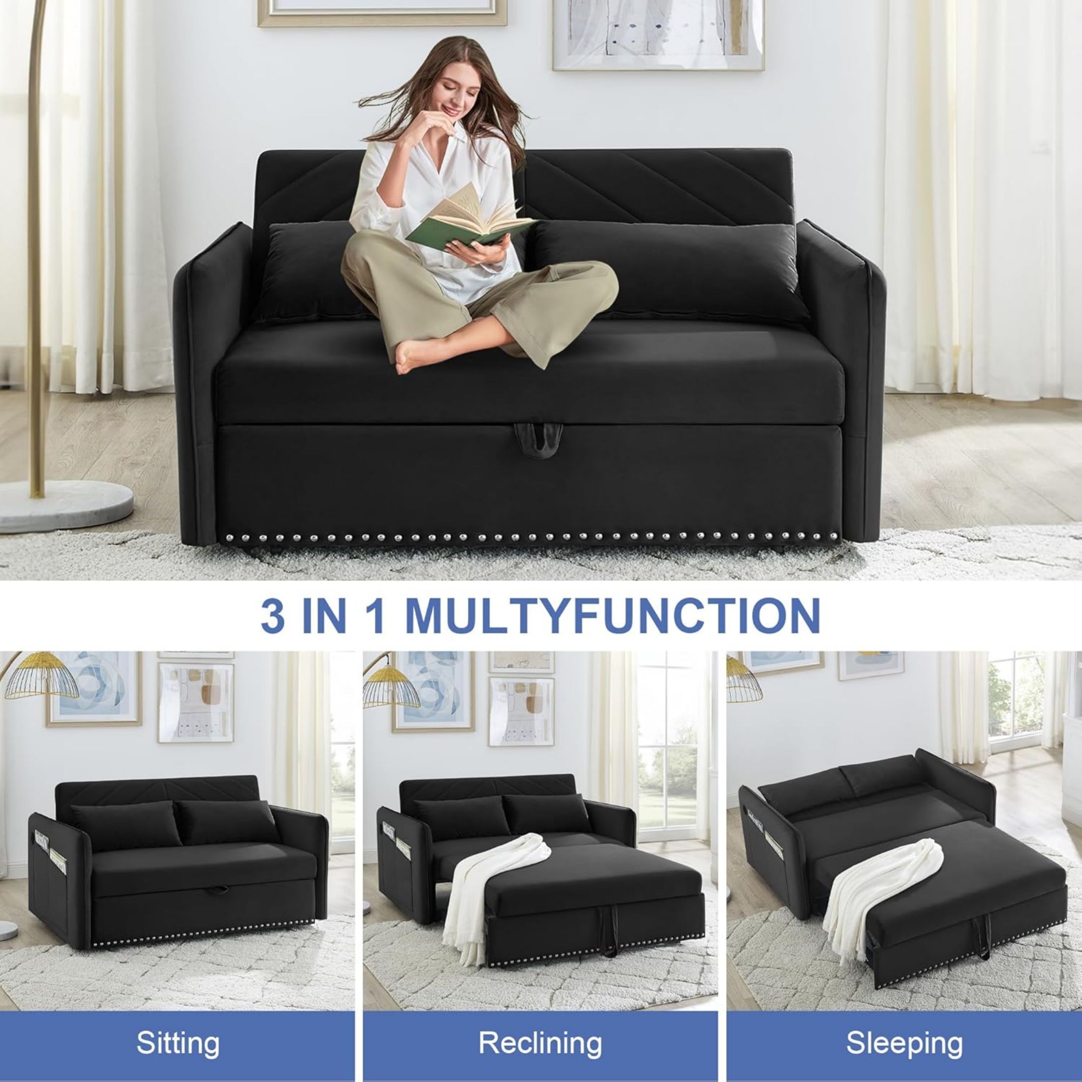DEALTOPS Pull Out Sofa Bed, Convertible Loveseat Sleeper Sofa with USB Ports and Side Pockets, Black