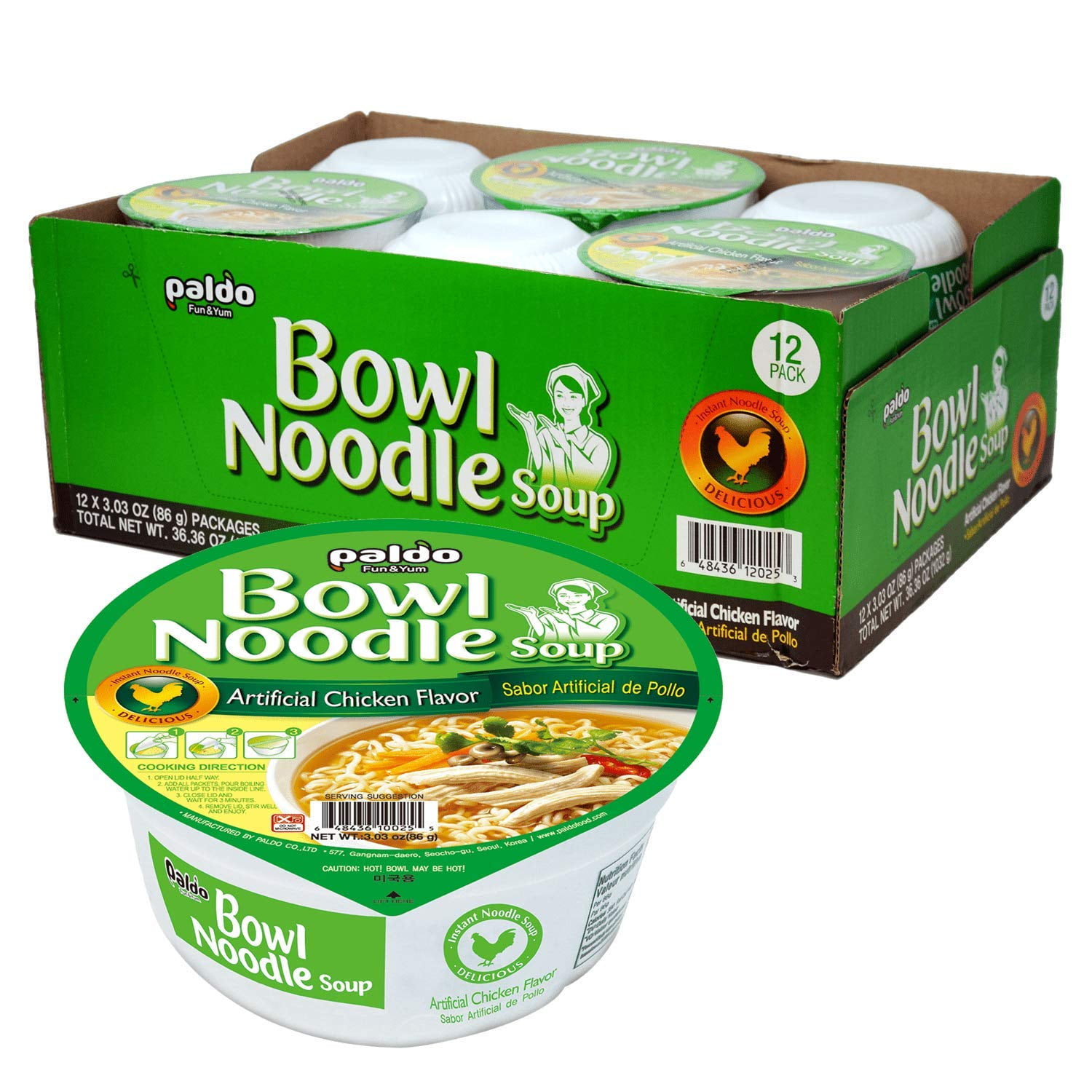Paldo Fun & Yum Instant Cup Noodle Soup Bowl with Chicken Flavored Broth, Pack of 12