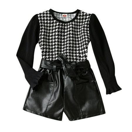 

KIds Toddler Child Baby Girls Long Sleeve Print Ribbed Tops PU Leather Shorts Pant 2PCS Cotton Pant