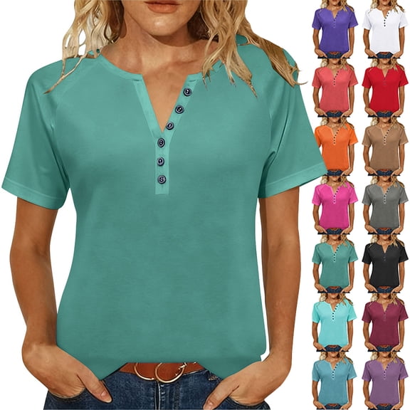 Otvok Women's Buttoned V-neck Short-sleeve Raglan Loose T-shirt