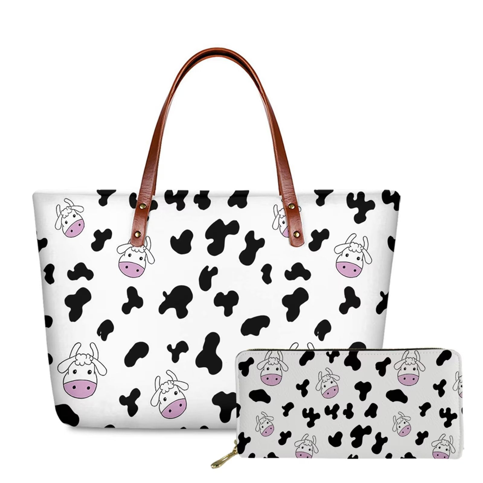 FKELYI 2 Pcs Pink Cow Print Tote Handbags with Zipper for Women