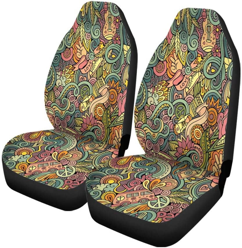 FMSHPON Set of 2 Car Seat Covers Hippy Cartoon Doodles Subject of